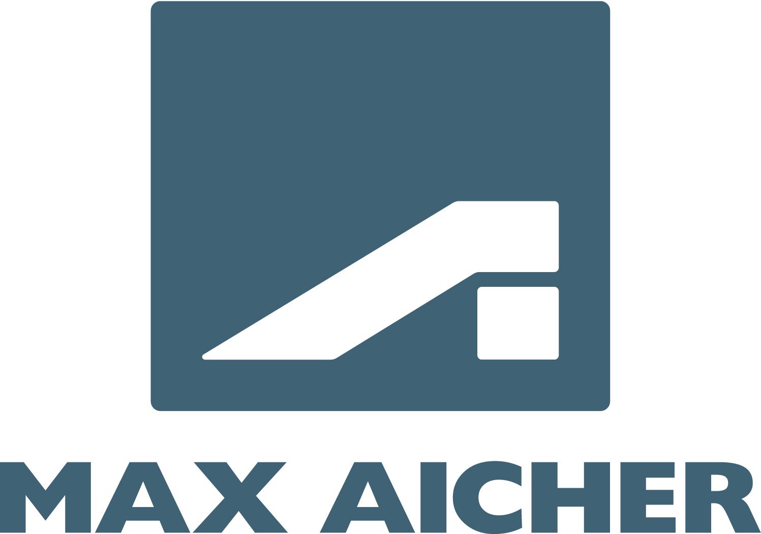 Grau-Blau farbiges Unternehmenslogo von Max Aicher.